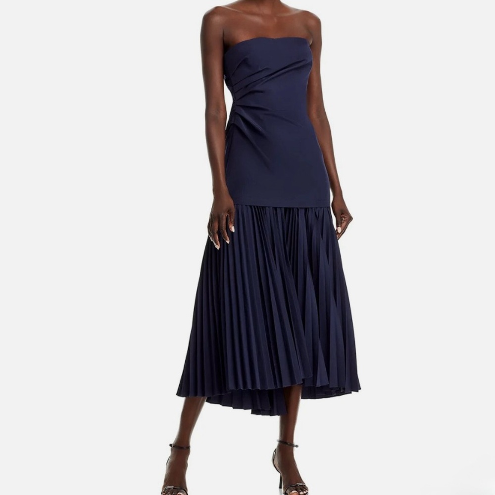 A.L.C. Strapless Navy Pleated Midi Dress
